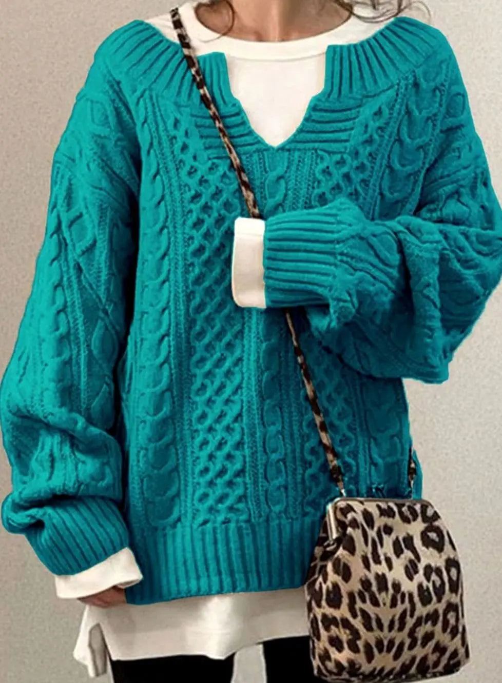 Suéter extragrande de punto trenzado con cuello de pico y jersey superpuesto para mujer