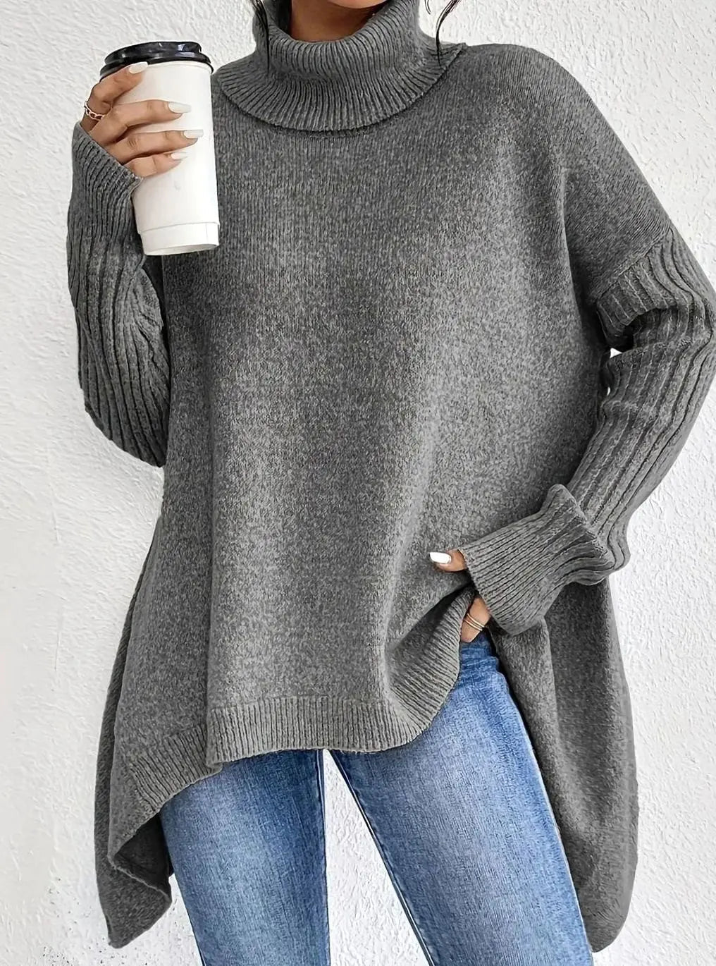 Jersey largo extragrande de cachemira con cuello alto y tejido de punto para mujer