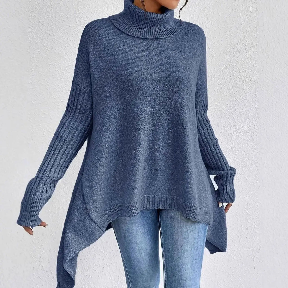 Jersey largo extragrande de cachemira con cuello alto y tejido de punto para mujer