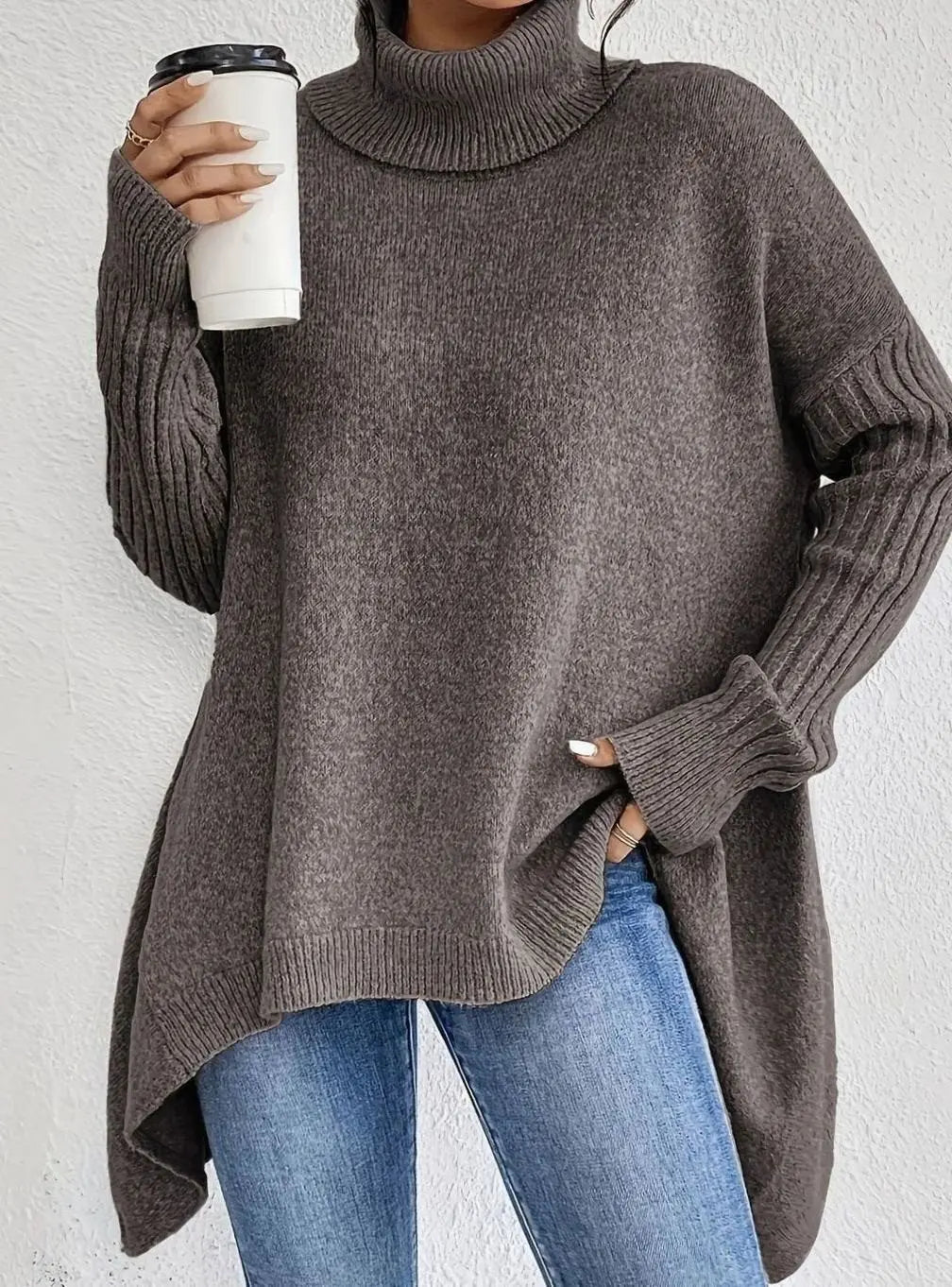 Jersey largo extragrande de cachemira con cuello alto y tejido de punto para mujer