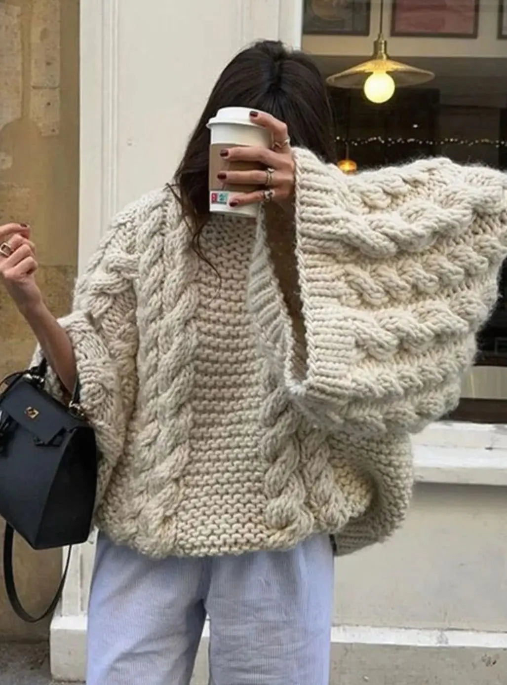 Jersey extragrande de punto grueso trenzado con hombros caídos para mujer