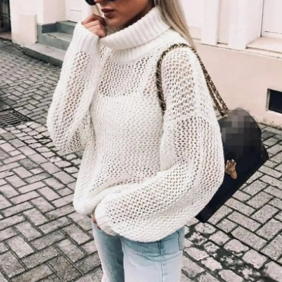 Jersey extragrande de punto grueso con cuello alto y mangas abullonadas para mujer