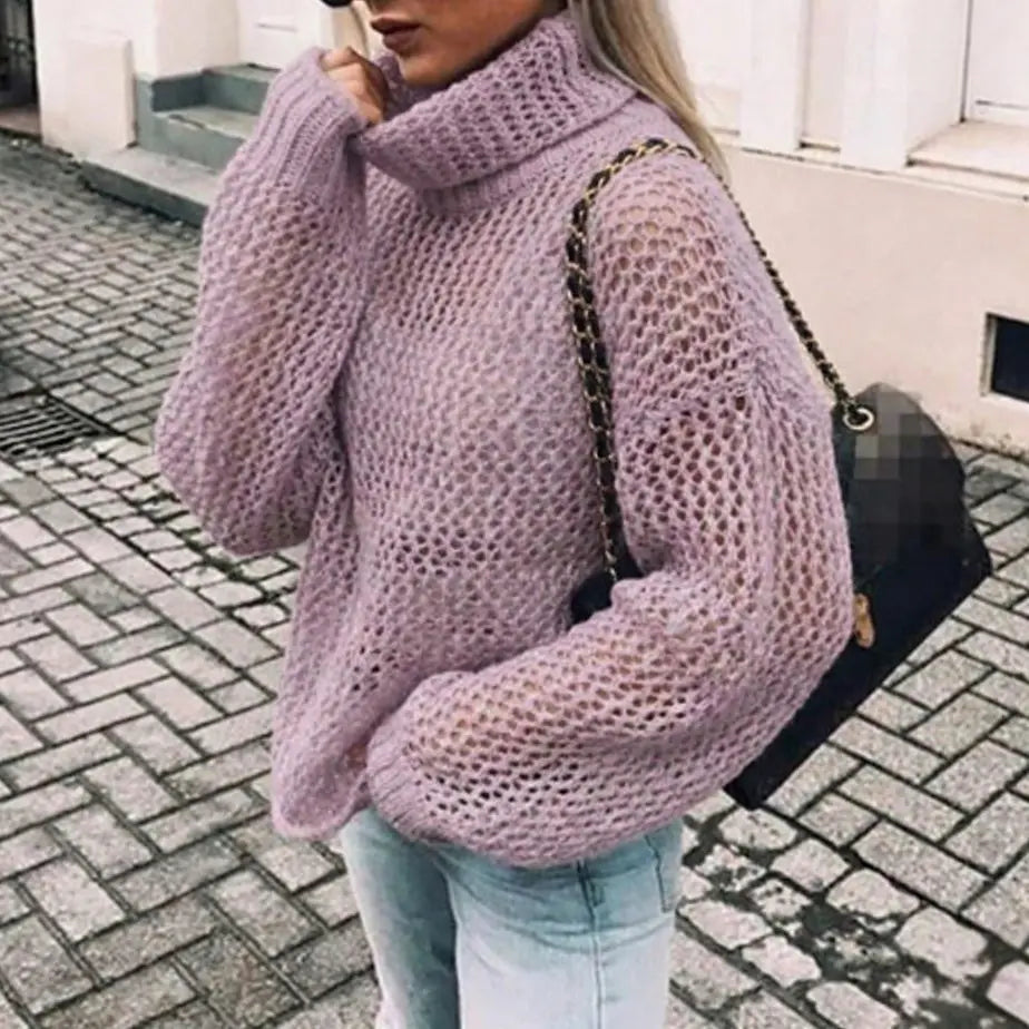 Jersey extragrande de punto grueso con cuello alto y mangas abullonadas para mujer