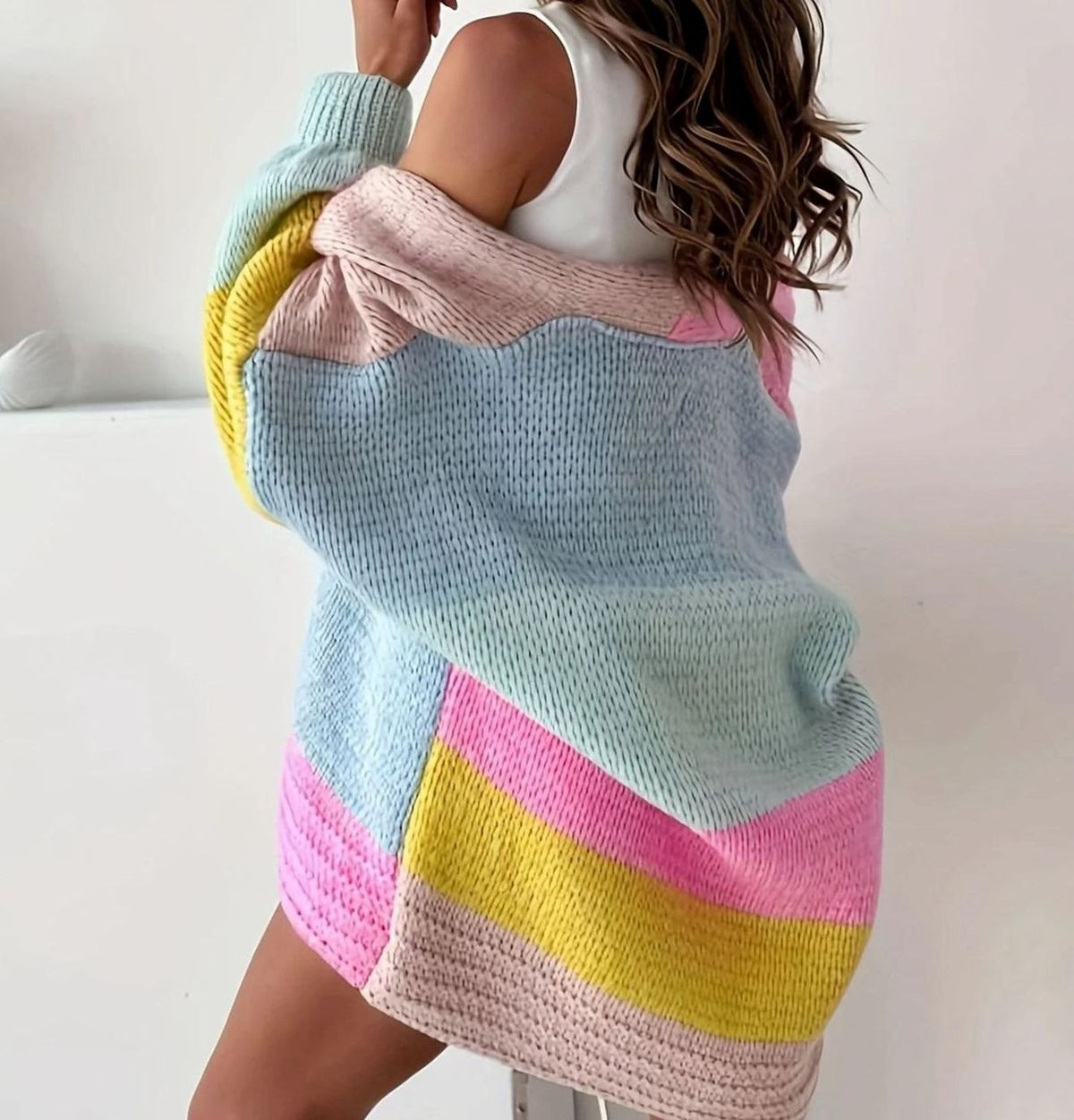 Cárdigan de punto extragrande con bloques de color y botones frontales para mujer, rosa