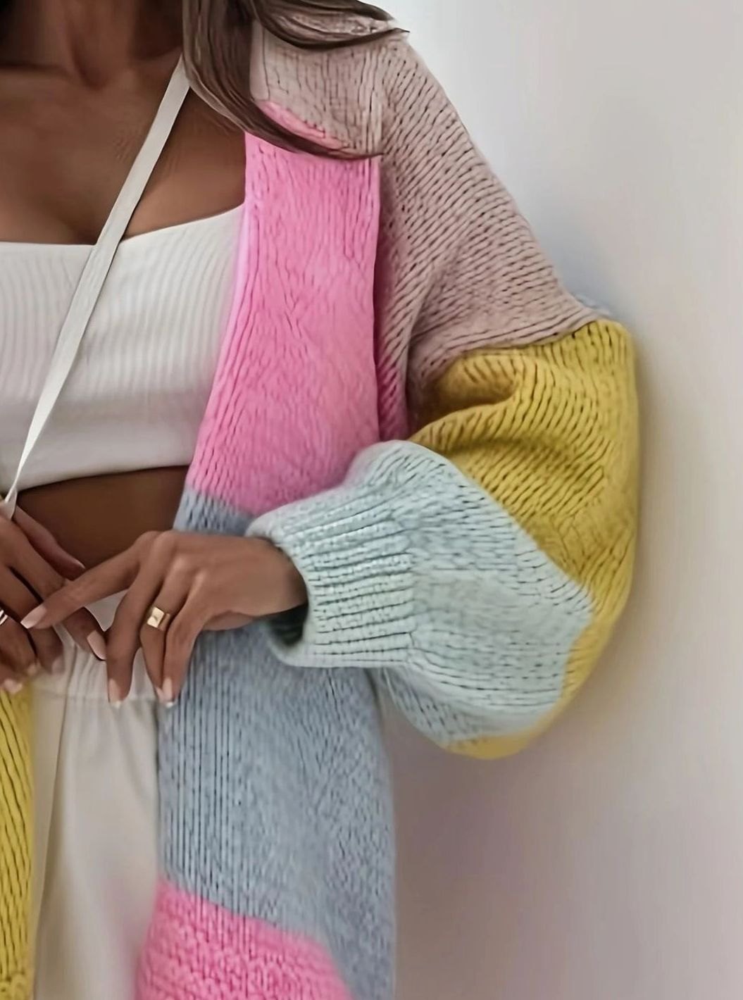 Cárdigan de punto extragrande con bloques de color y botones frontales para mujer, rosa