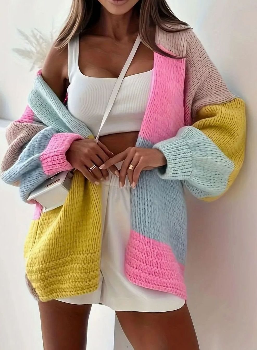 Cárdigan de punto extragrande con bloques de color y botones frontales para mujer, rosa