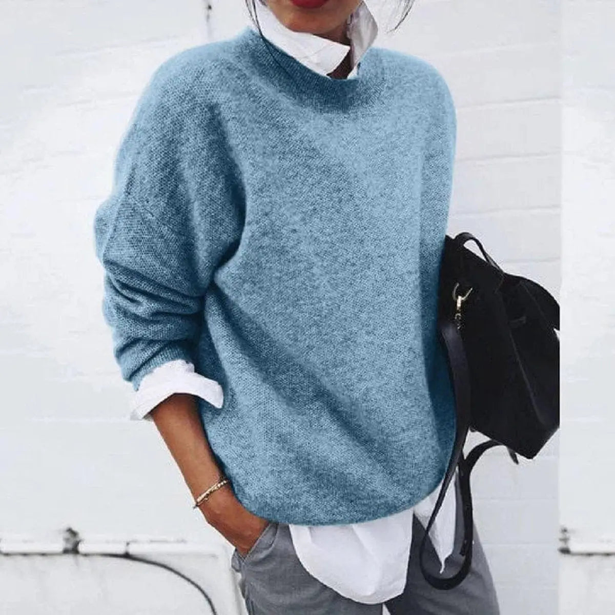 Suéter de punto suave extragrande con cuello redondo para mujer