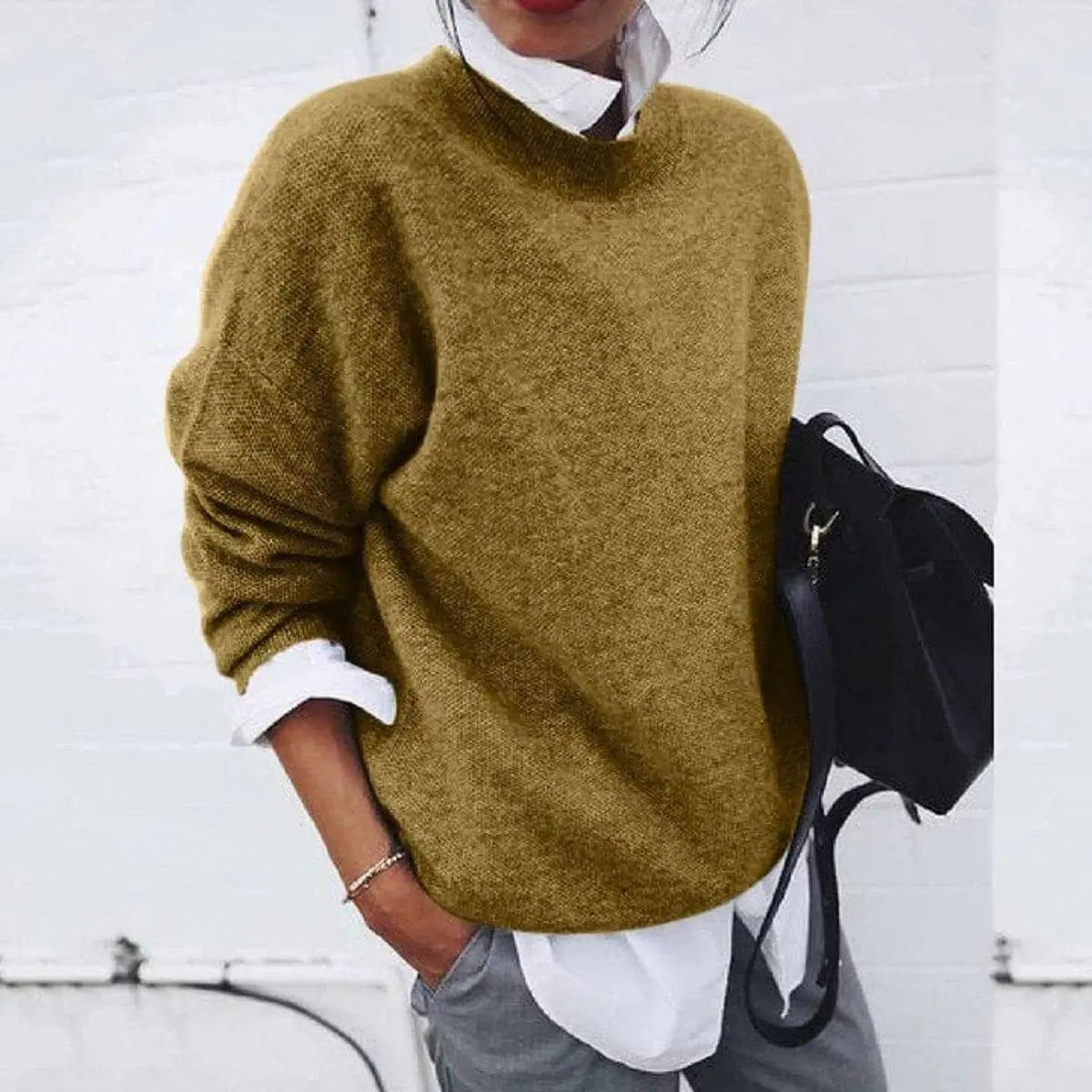 Suéter de punto suave extragrande con cuello redondo para mujer