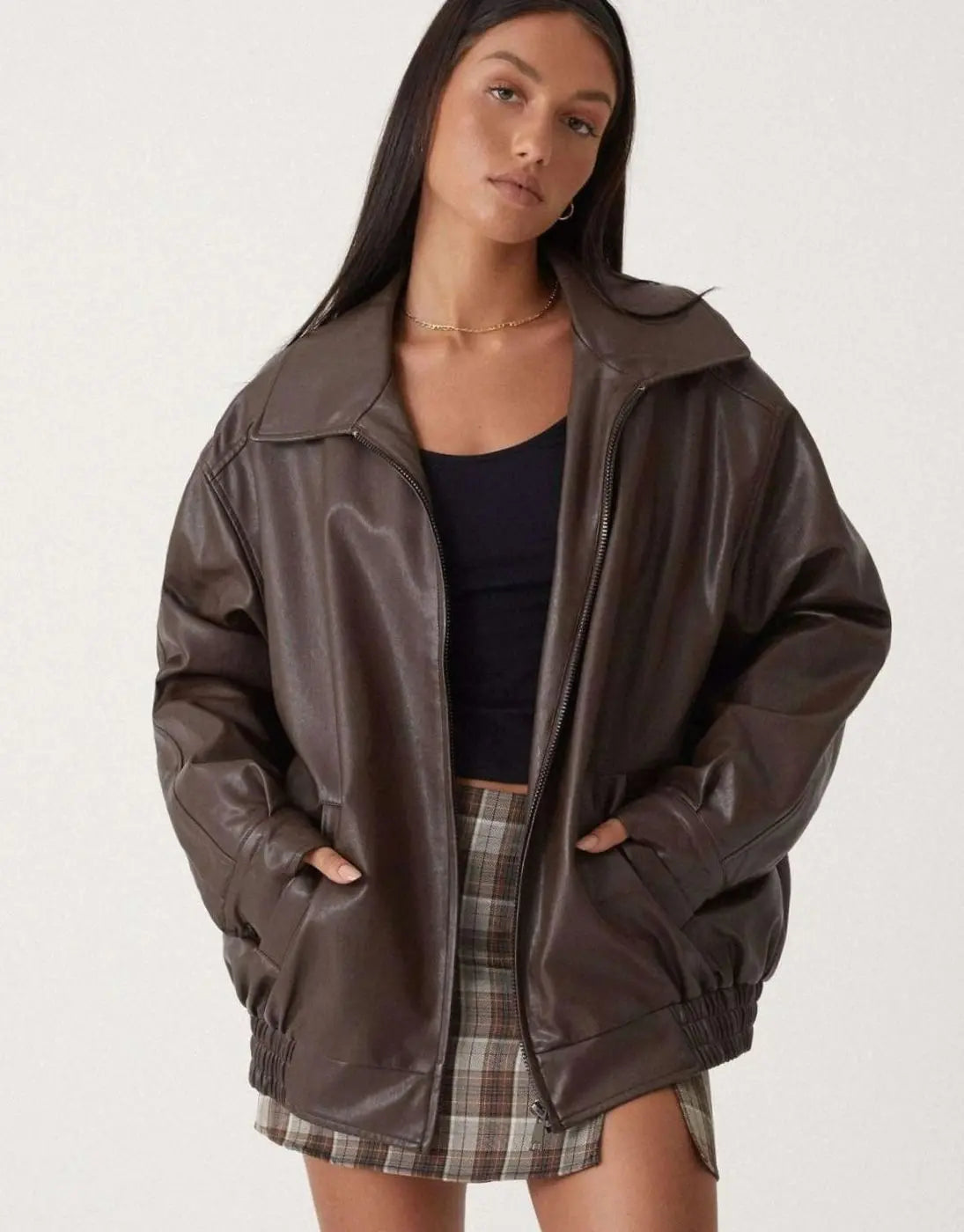 Chaqueta bomber extragrande de cuero sintético con cremallera para mujer