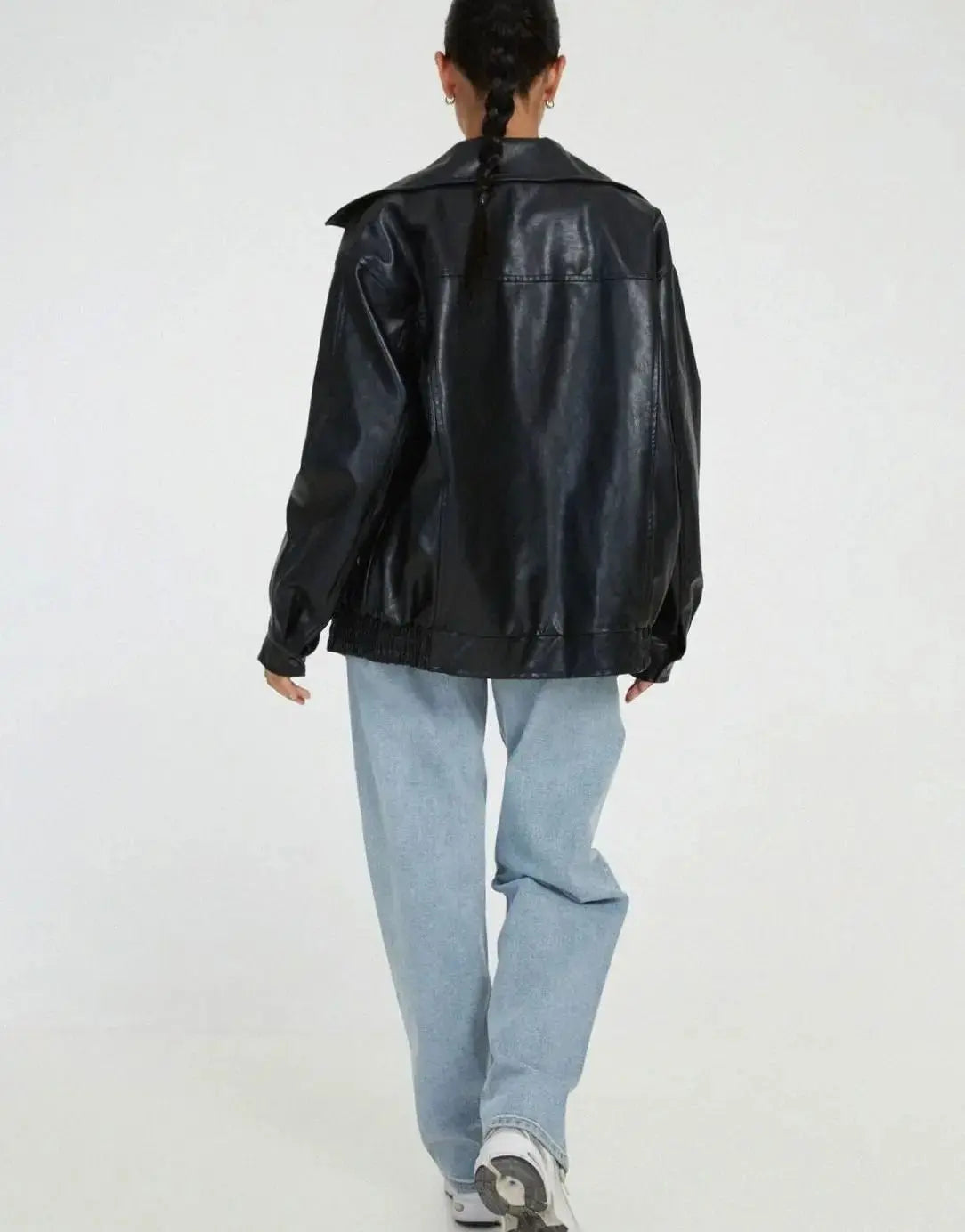 Chaqueta bomber extragrande de cuero sintético con cremallera para mujer