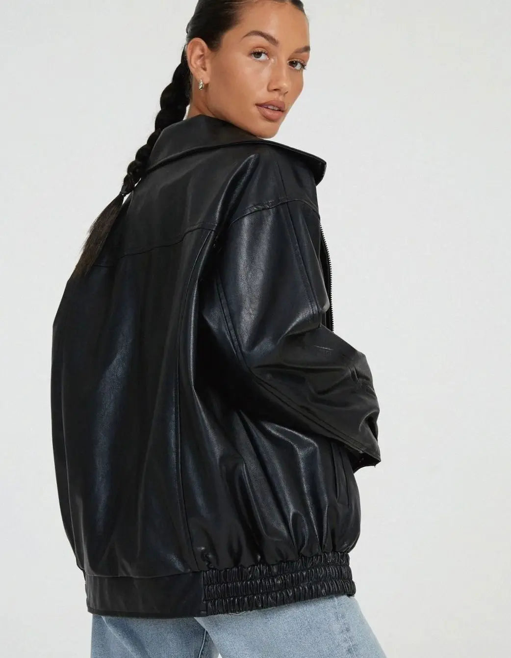 Chaqueta bomber extragrande de cuero sintético con cremallera para mujer