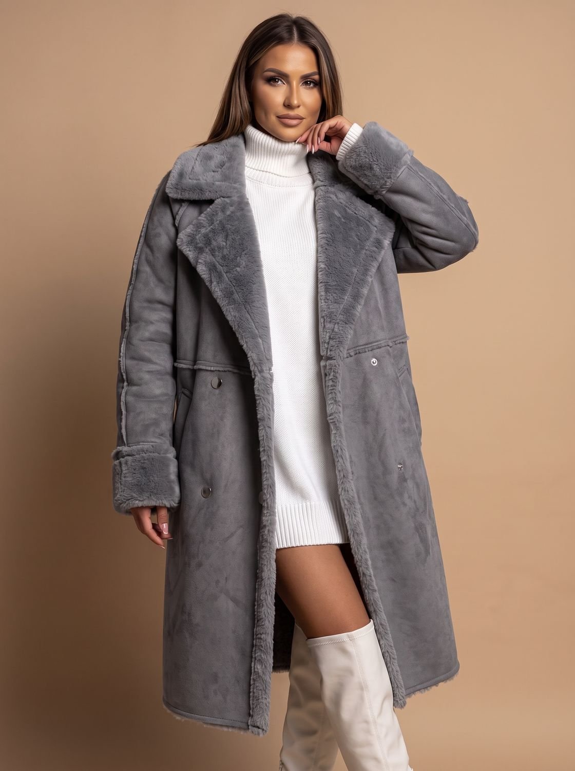 Ivy | Abrigo largo extragrande de borreguito sintético para mujer, cruzado