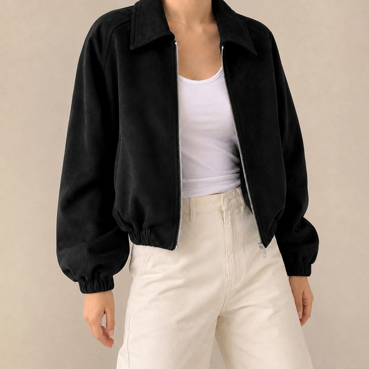 Chaqueta corta extragrande de ante sintético con cremallera para mujer