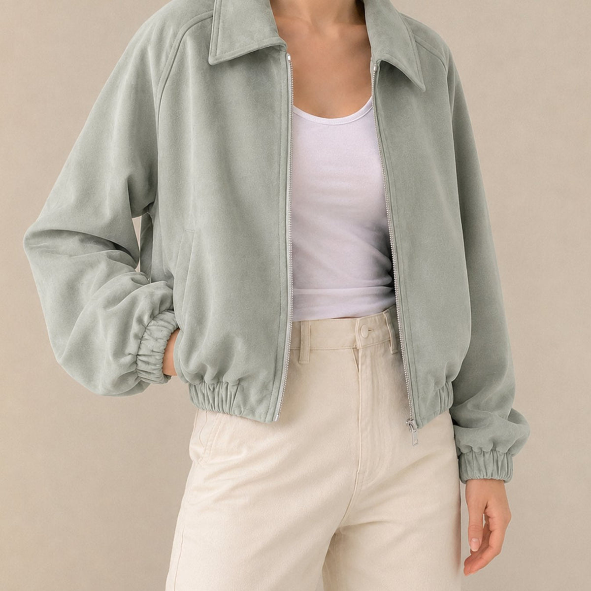 Chaqueta corta extragrande de ante sintético con cremallera para mujer