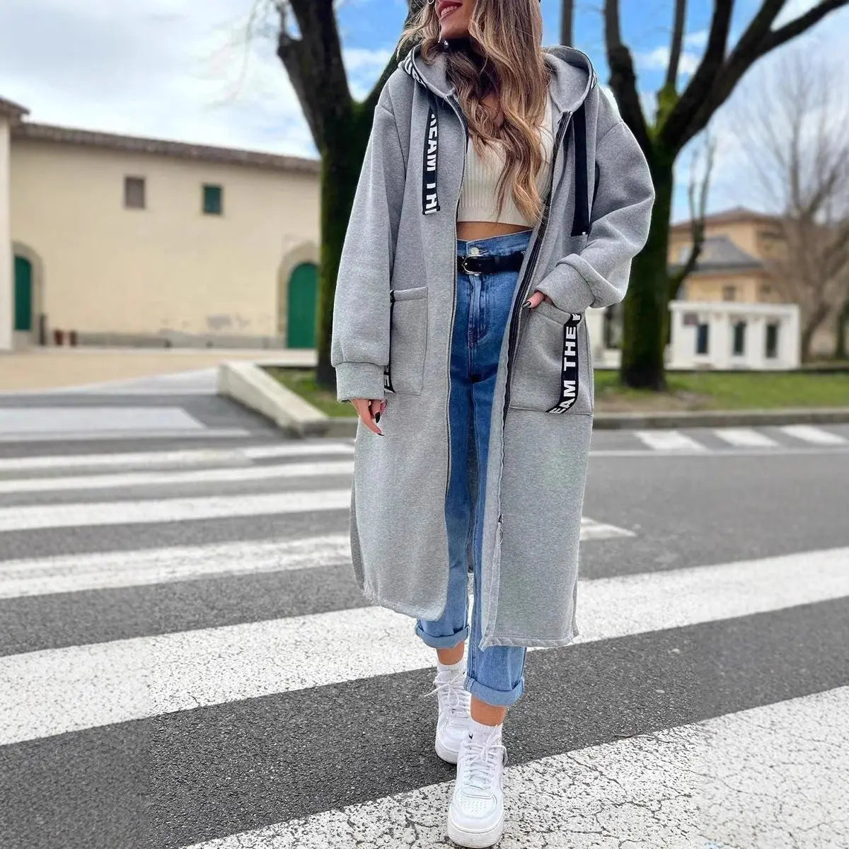 Abrigo largo extragrande con capucha para mujer, con cremallera