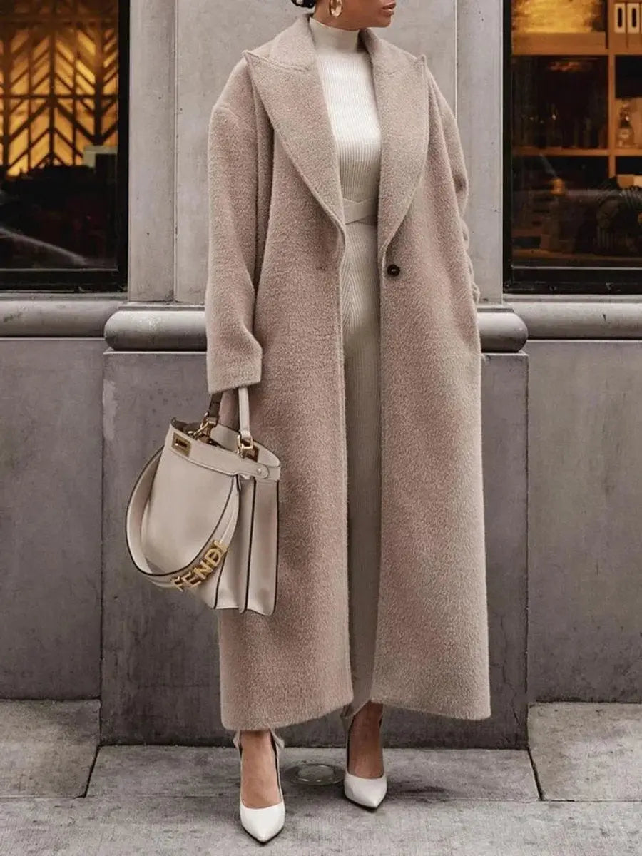 Abrigo largo extragrande para mujer, con solapas y una sola botonadura, efecto lana