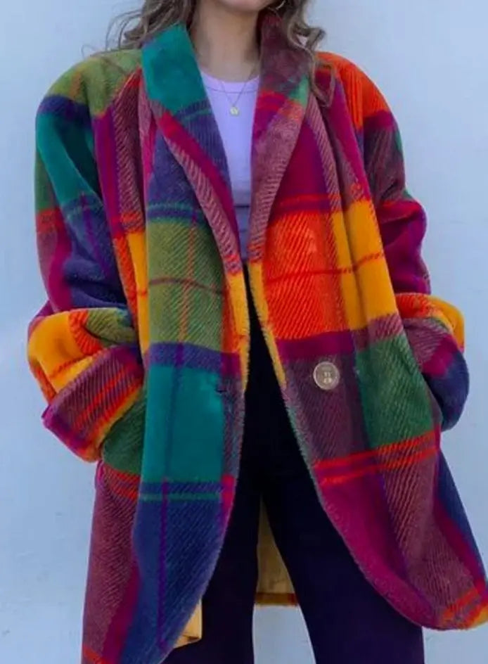 Abrigo largo extragrande de cuadros multicolor para mujer