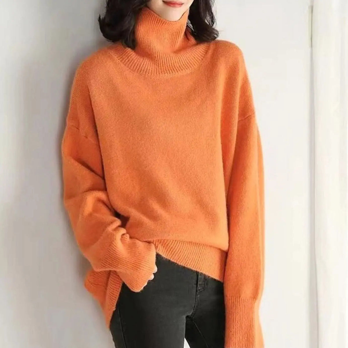 Suéter de punto extragrande de manga larga para mujer, cuello alto