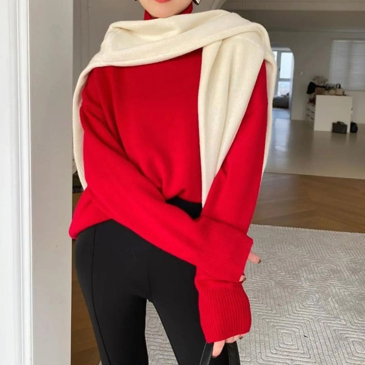 Suéter de punto extragrande de manga larga para mujer, cuello alto
