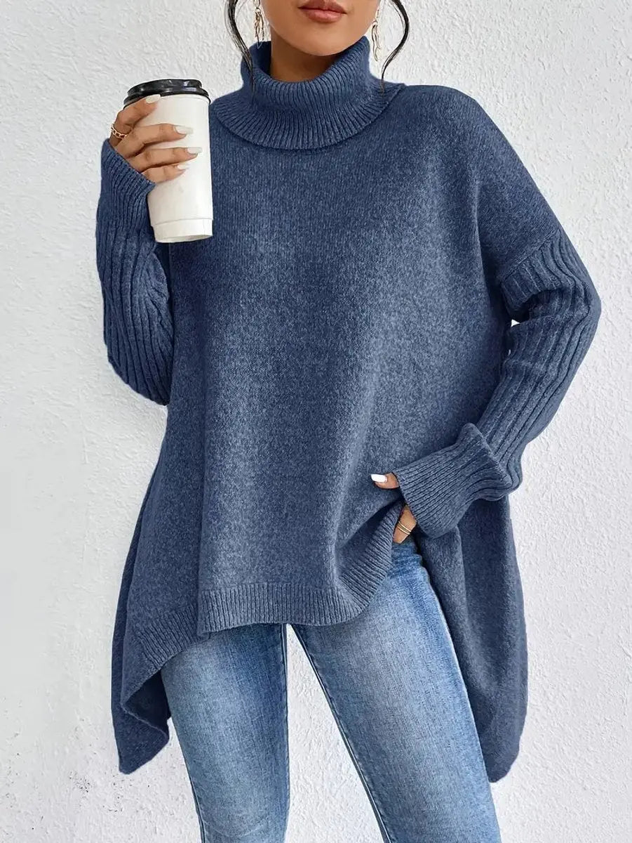 Suéter largo extragrande de punto de canalé para mujer, cuello alto