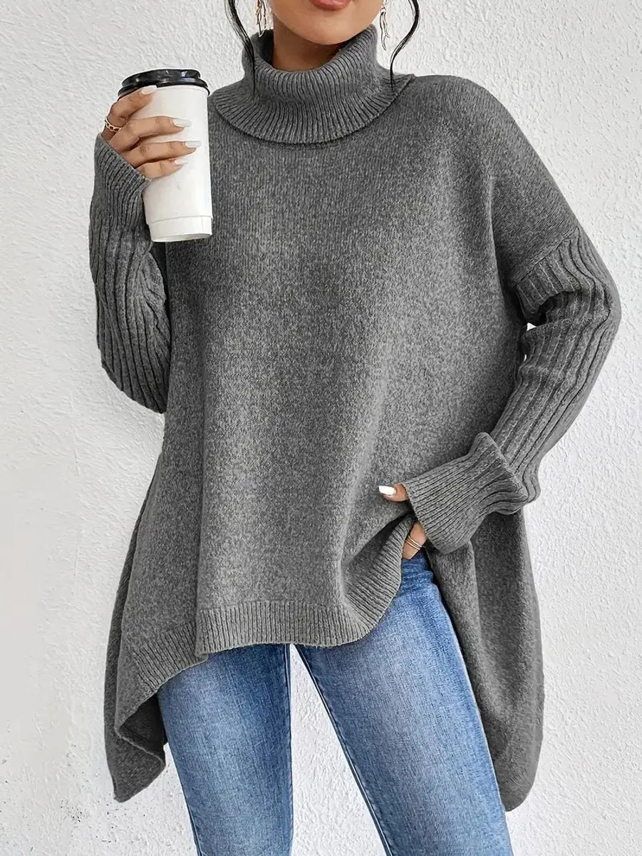 Suéter largo extragrande de punto de canalé para mujer, cuello alto