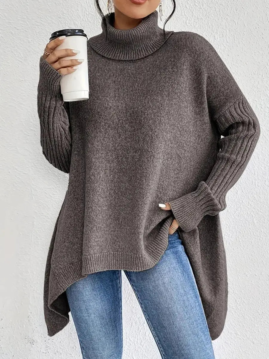 Suéter largo extragrande de punto de canalé para mujer, cuello alto