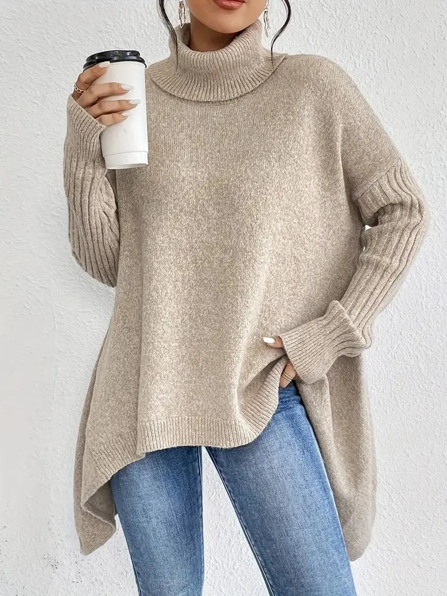 Suéter largo extragrande de punto de canalé para mujer, cuello alto