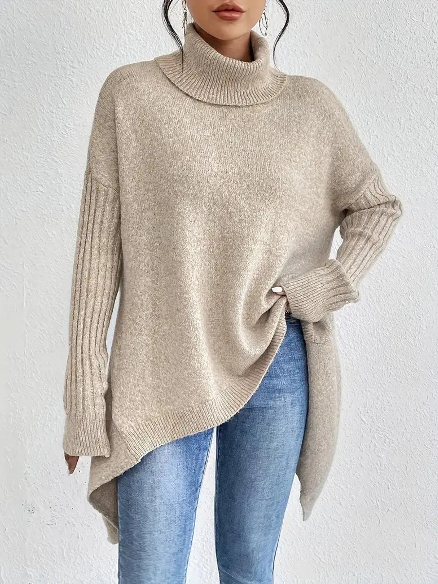 Suéter largo extragrande de punto de canalé para mujer, cuello alto