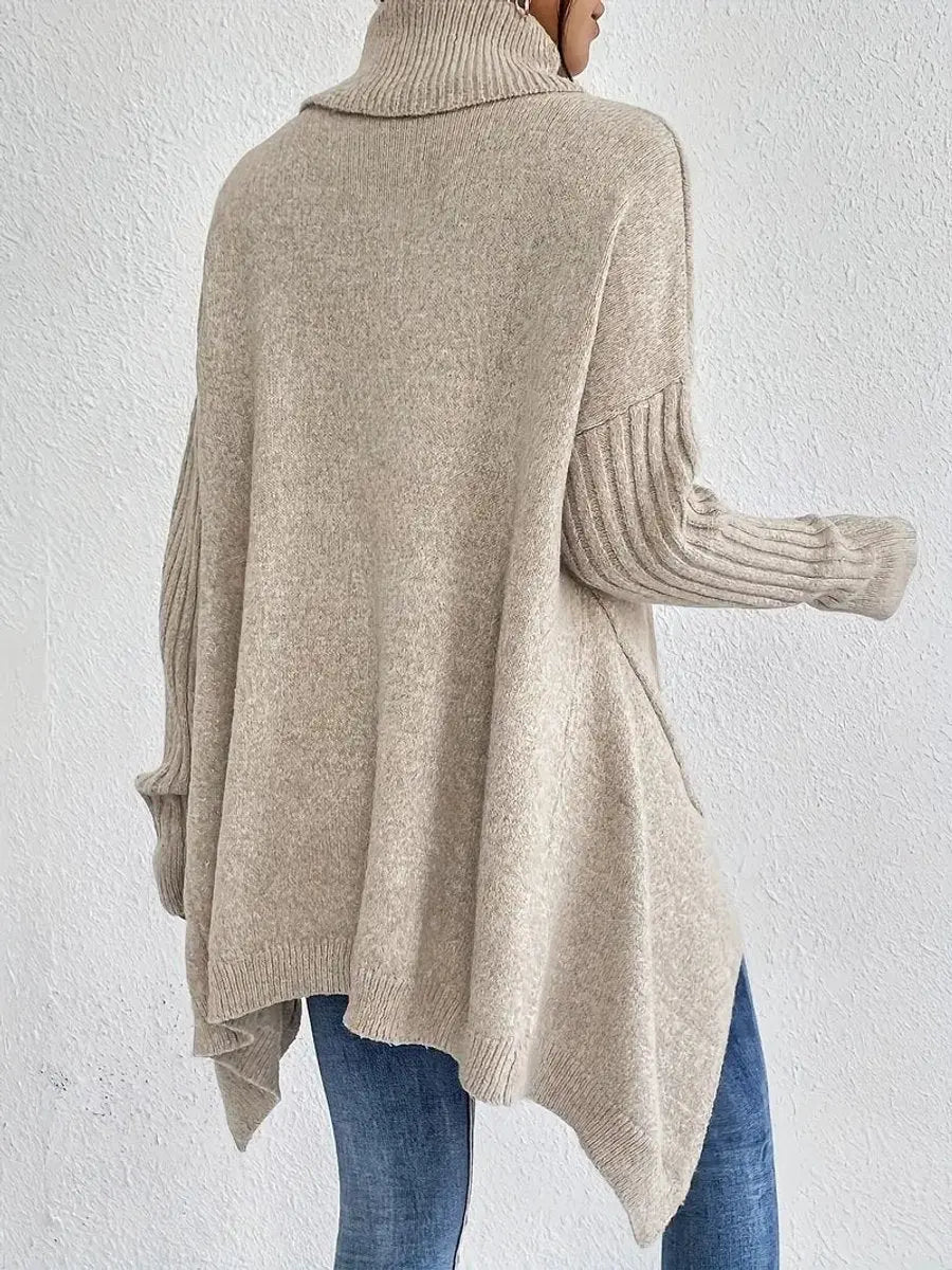 Suéter largo extragrande de punto de canalé para mujer, cuello alto