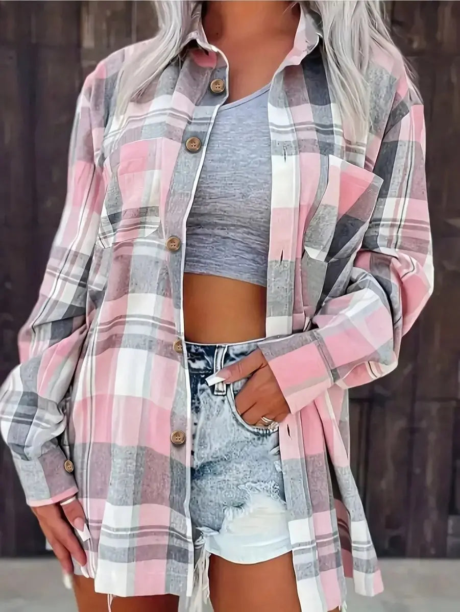 Camisa cárdigan extragrande de franela de cuadros para mujer, abierta por delante