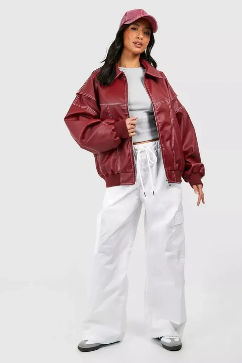 Chaqueta acolchada extragrande para mujer, estilo bomber y costuras en contraste