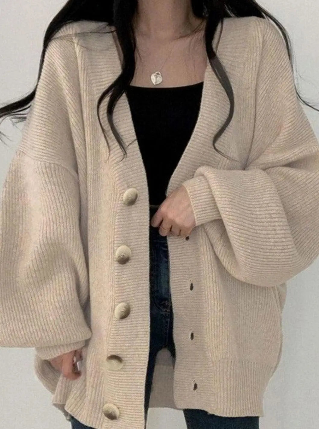 Cárdigan de punto de canalé extragrande para mujer, mangas abullonadas y botones delanteros, suéter de invierno
