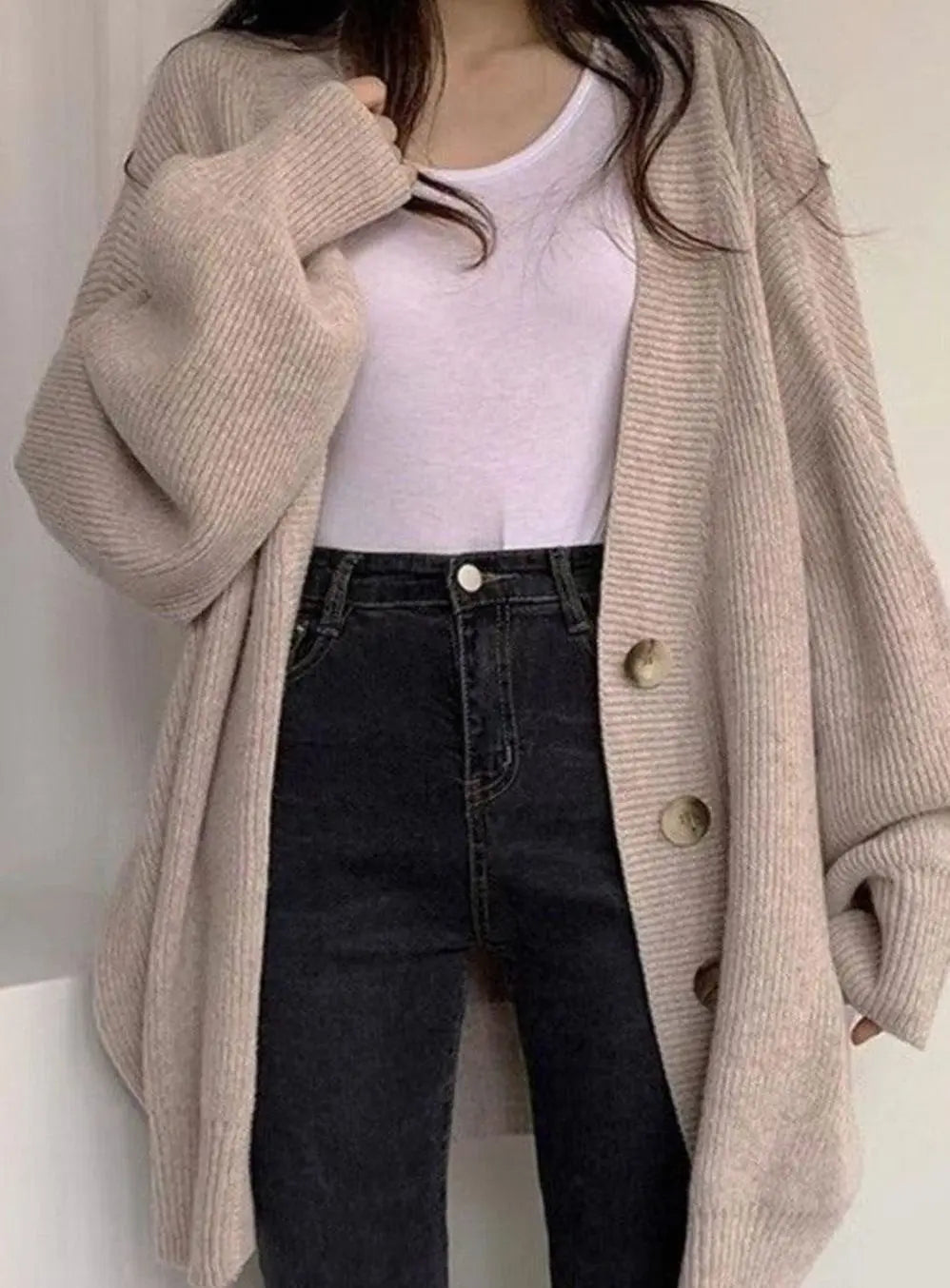 Cárdigan de punto de canalé extragrande para mujer, mangas abullonadas y botones delanteros, suéter de invierno