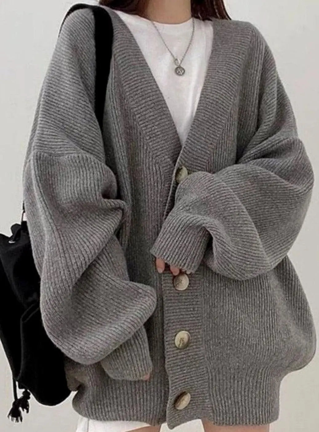 Cárdigan de punto de canalé extragrande para mujer, mangas abullonadas y botones delanteros, suéter de invierno