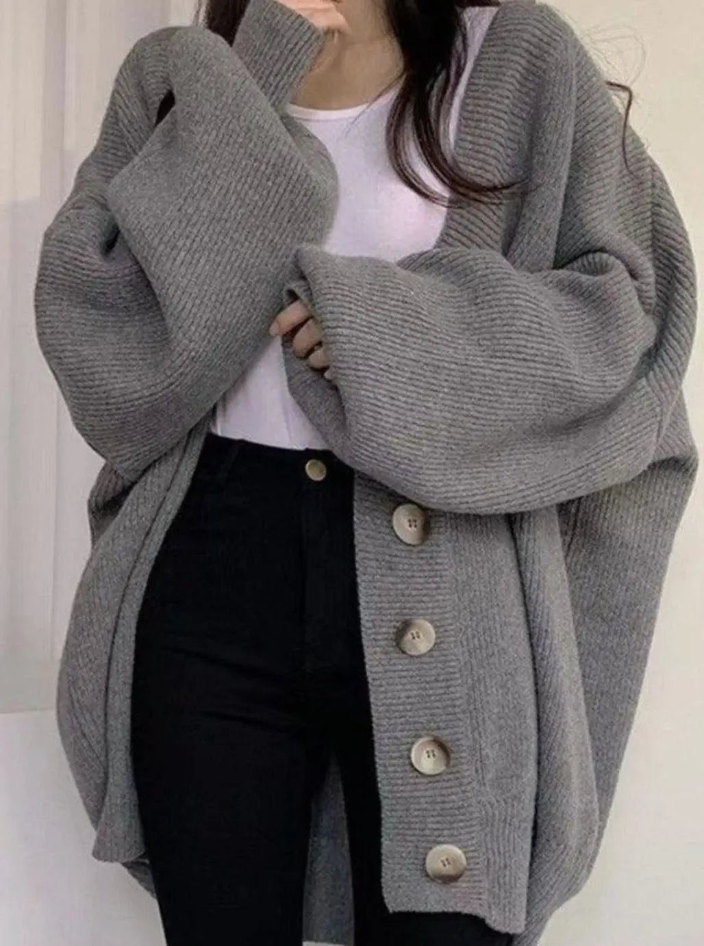 Cárdigan de punto de canalé extragrande para mujer, mangas abullonadas y botones delanteros, suéter de invierno