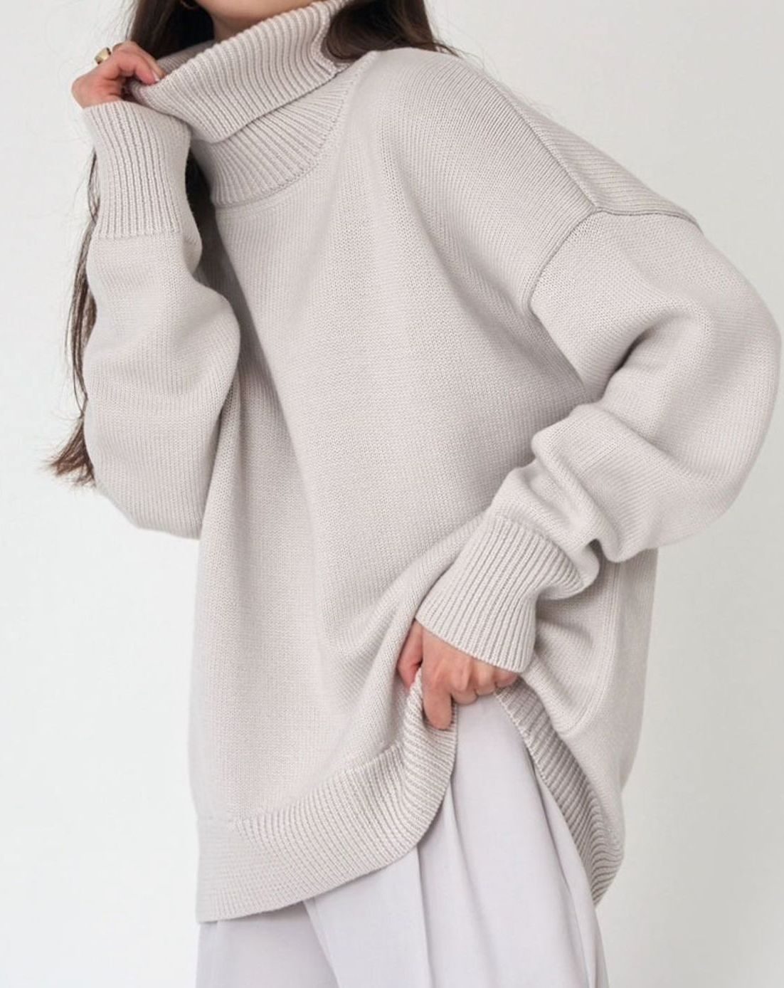 Suéter de punto extragrande para mujer, cuello vuelto y hombros caídos