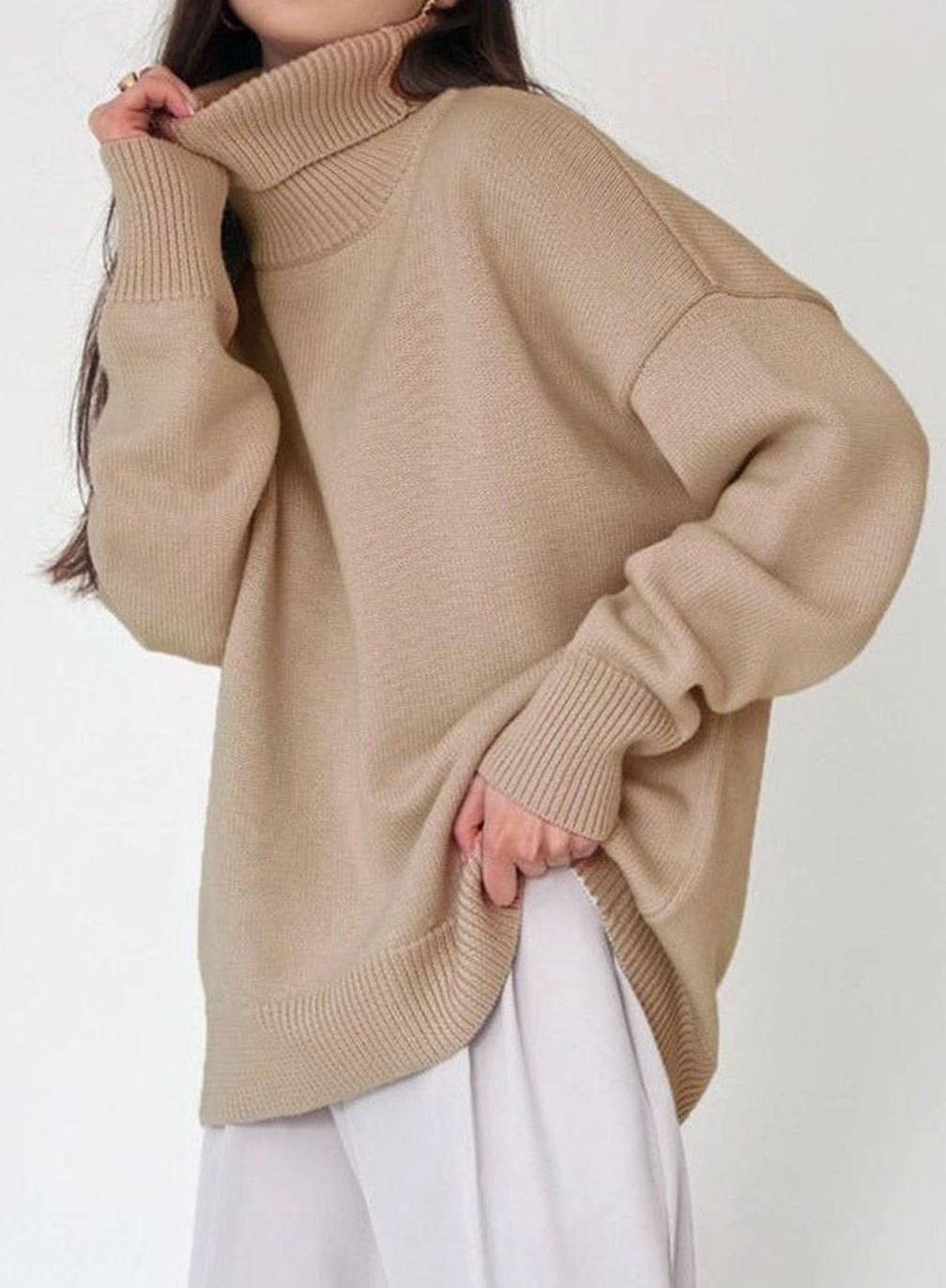 Suéter de punto extragrande para mujer, cuello vuelto y hombros caídos