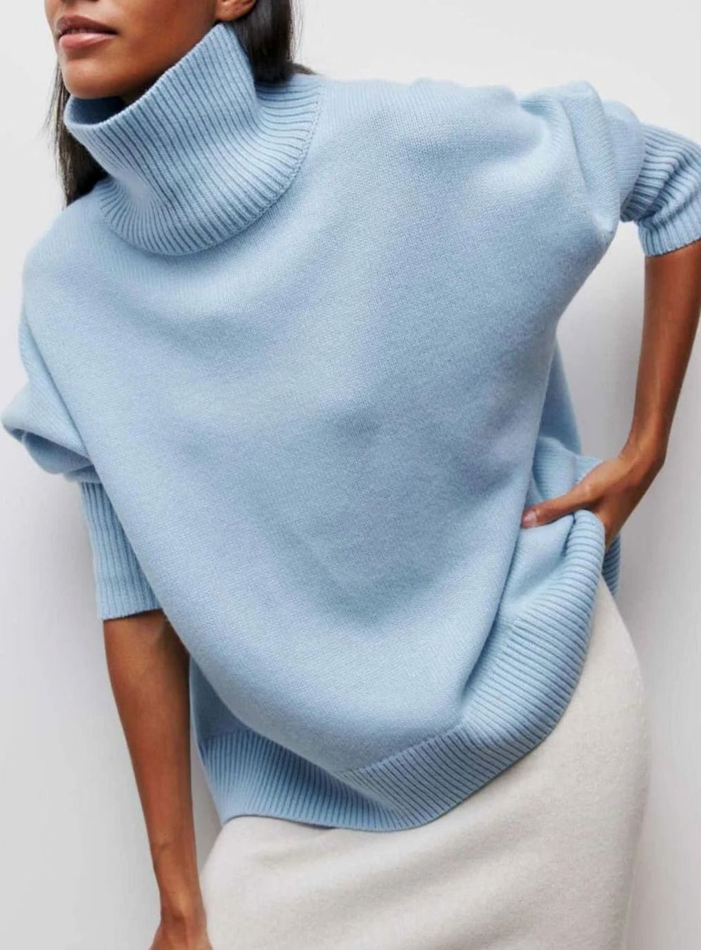 Suéter de punto extragrande para mujer, cuello vuelto de canalé y abertura en los codos