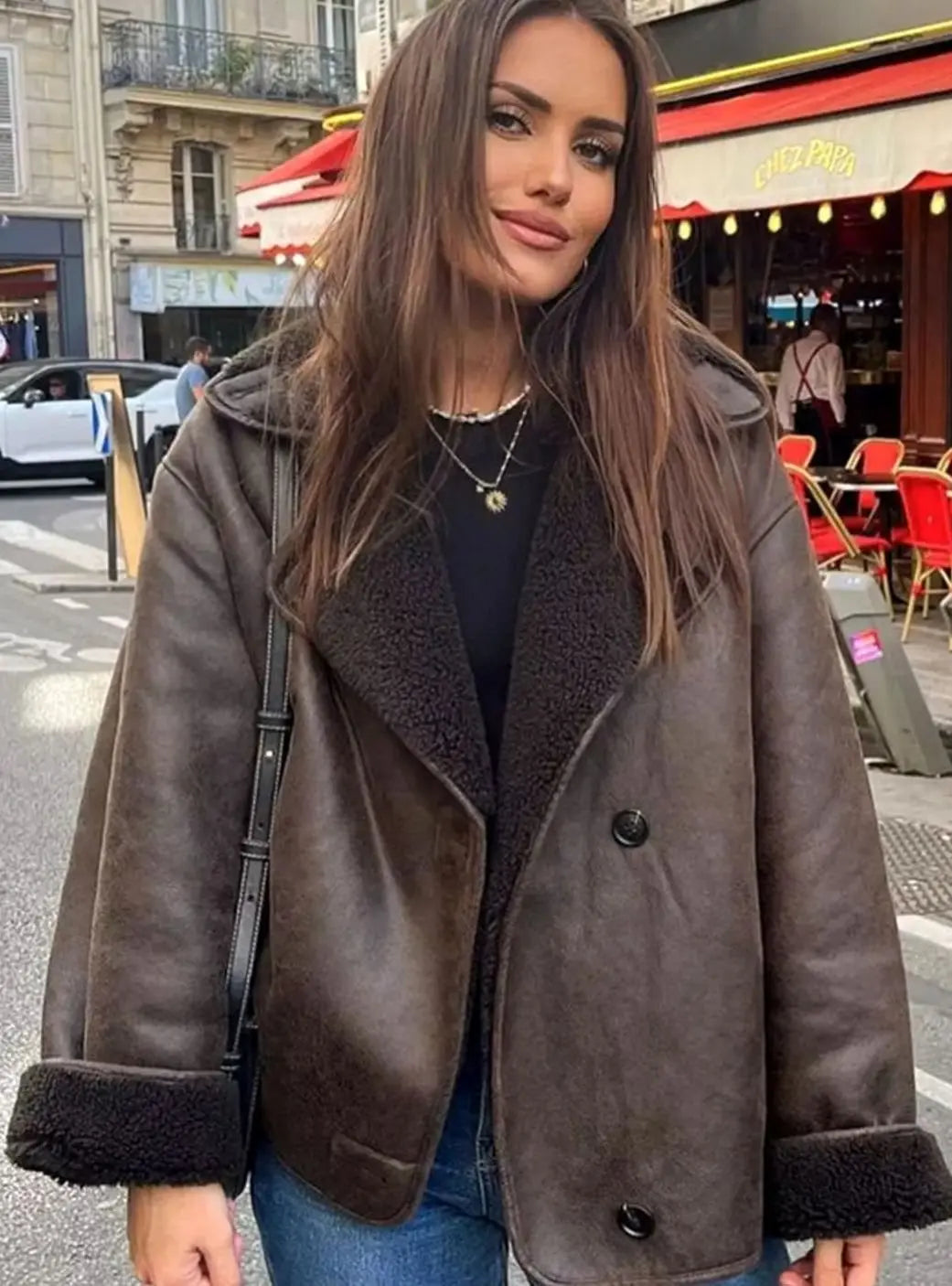 Chaqueta extragrande para mujer, con forro de borreguito y doble botonadura