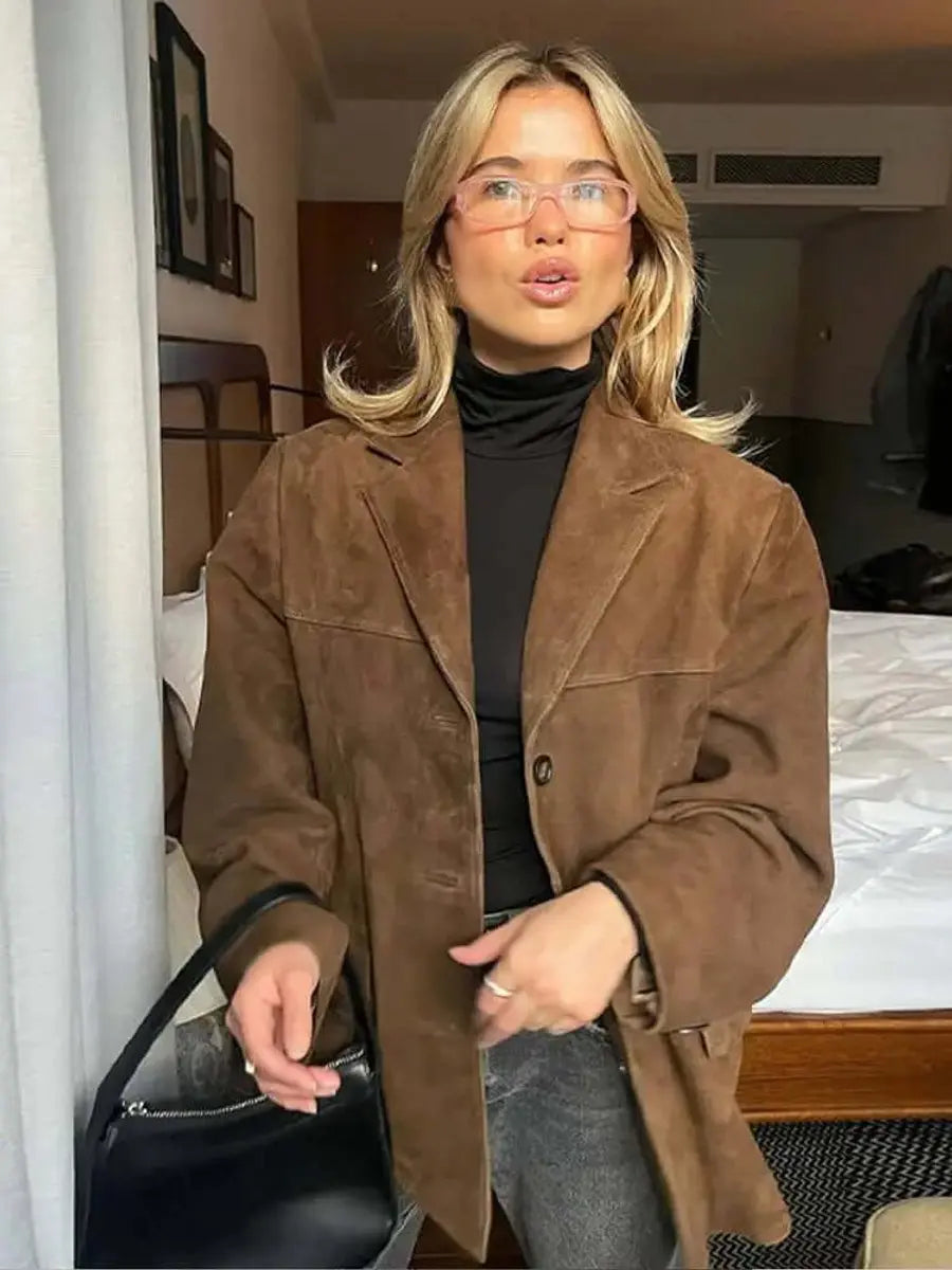 Blazer extragrande de ante para mujer, abrigo largo marrón