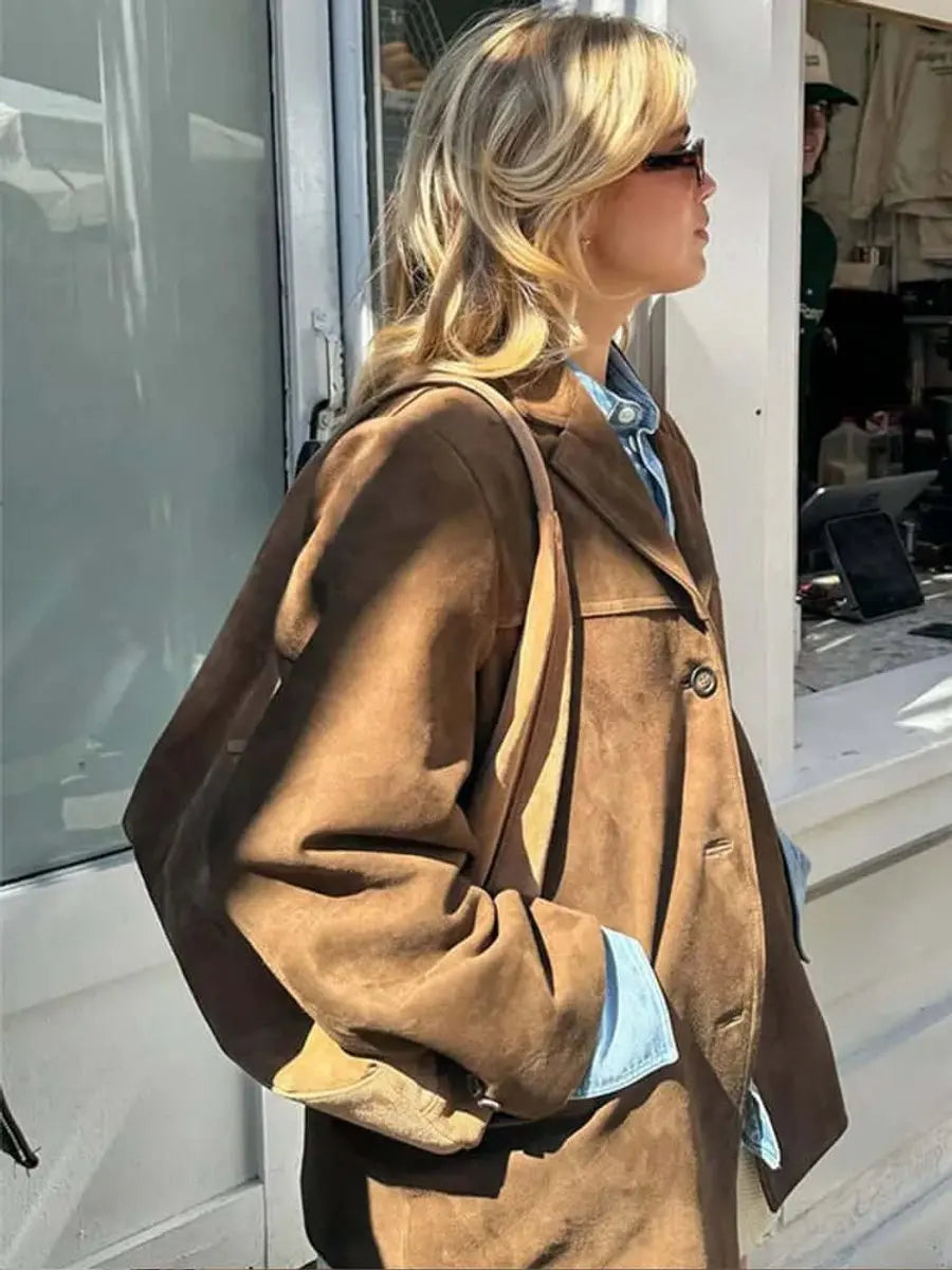 Blazer extragrande de ante para mujer, abrigo largo marrón