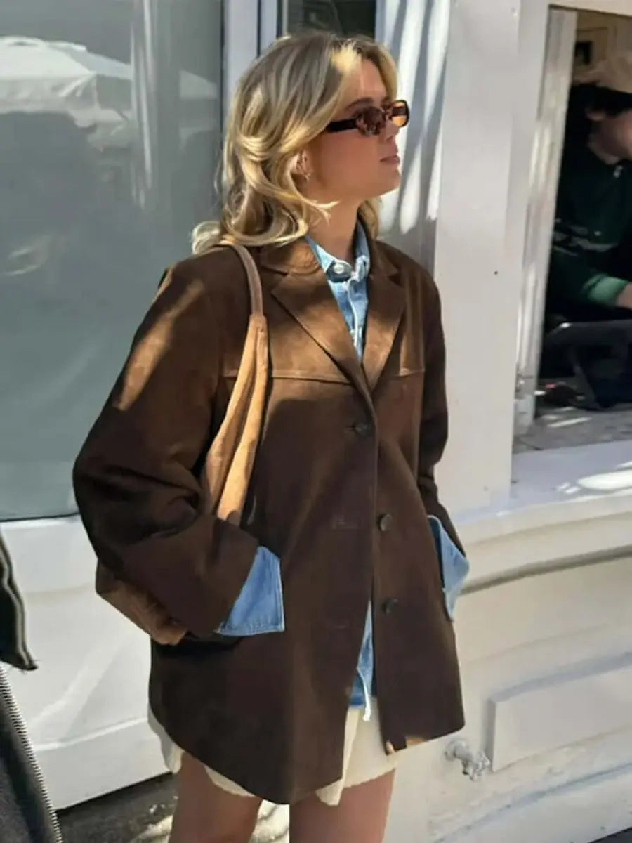 Blazer extragrande de ante para mujer, abrigo largo marrón
