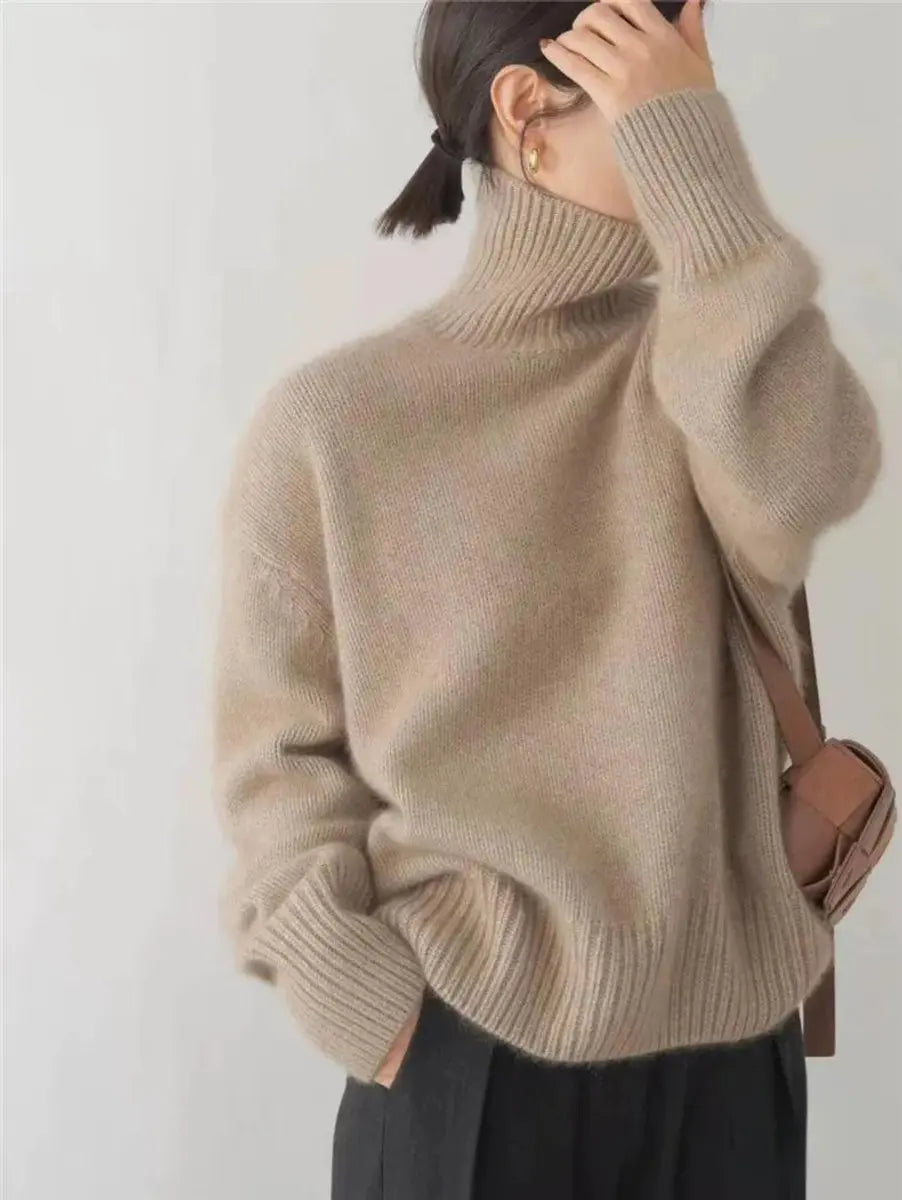 Suéter de punto de cachemira extragrande para mujer, cuello alto