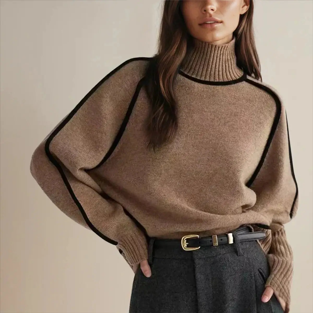 Suéter de punto extragrande para mujer, cuello alto y rayas en contraste