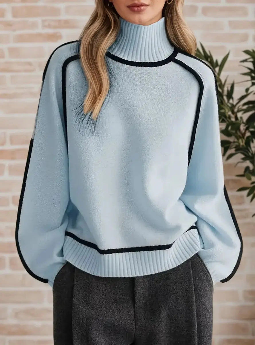 Suéter de punto extragrande para mujer, cuello alto y rayas en contraste