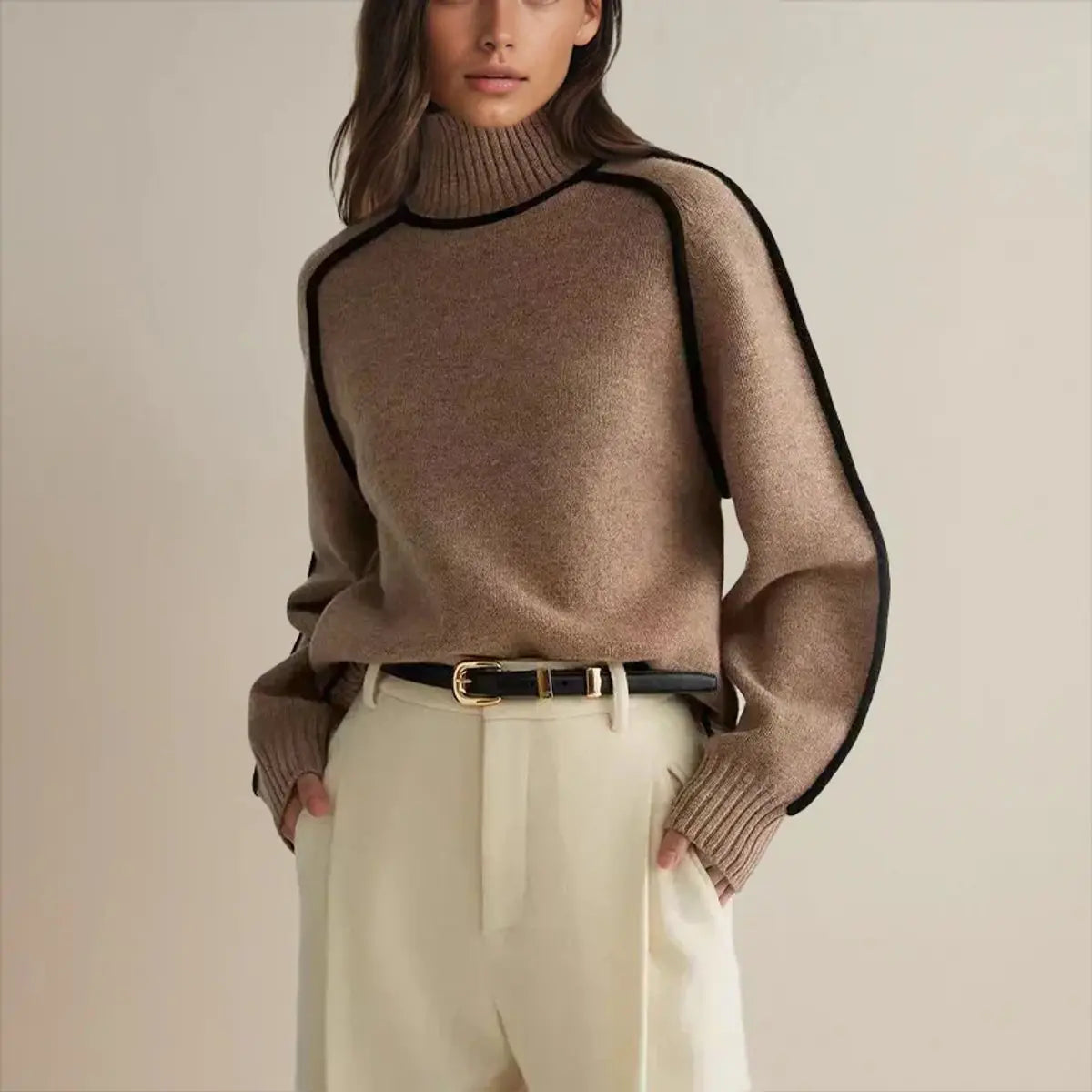Suéter de punto extragrande para mujer, cuello alto y rayas en contraste