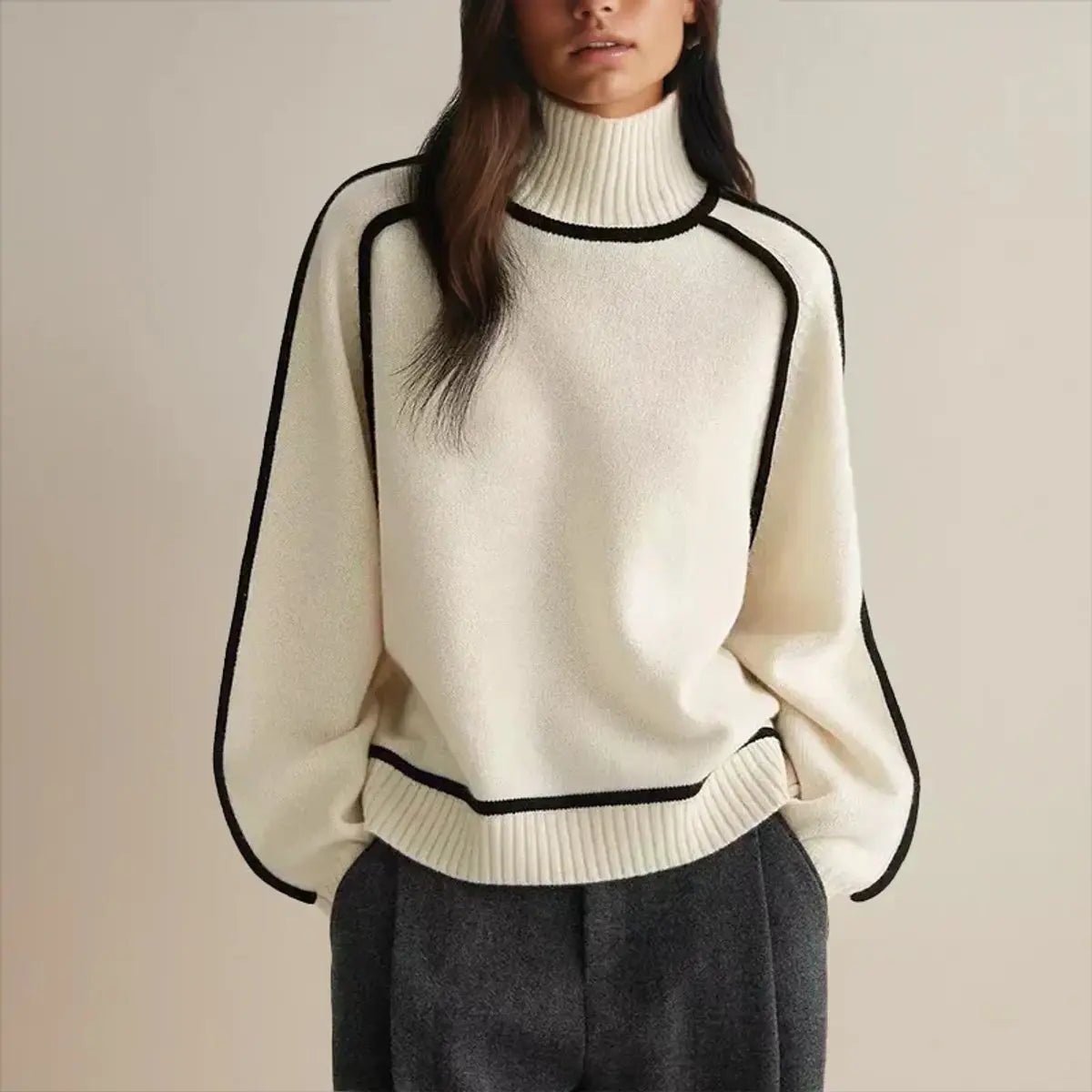 Suéter de punto extragrande para mujer, cuello alto y rayas en contraste