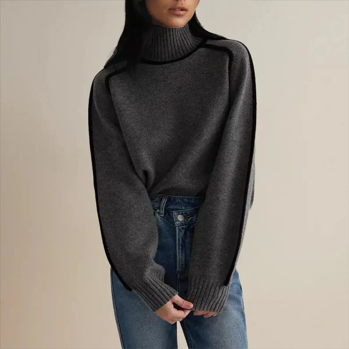 Suéter de punto extragrande para mujer, cuello alto y rayas en contraste