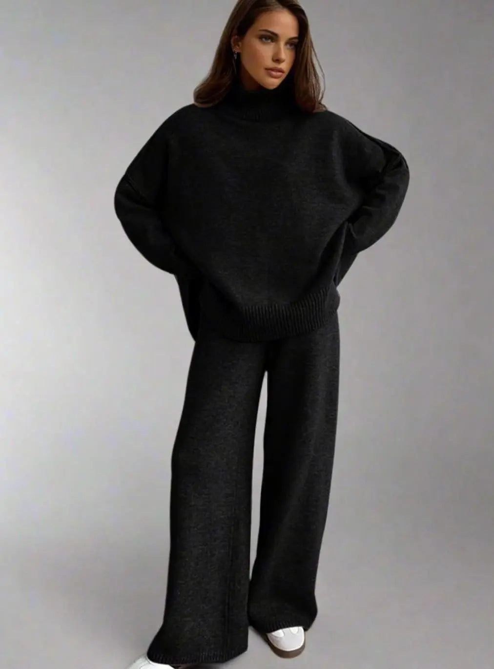 Conjunto de punto extragrande para estar en casa, cuello alto y pantalón de pierna ancha