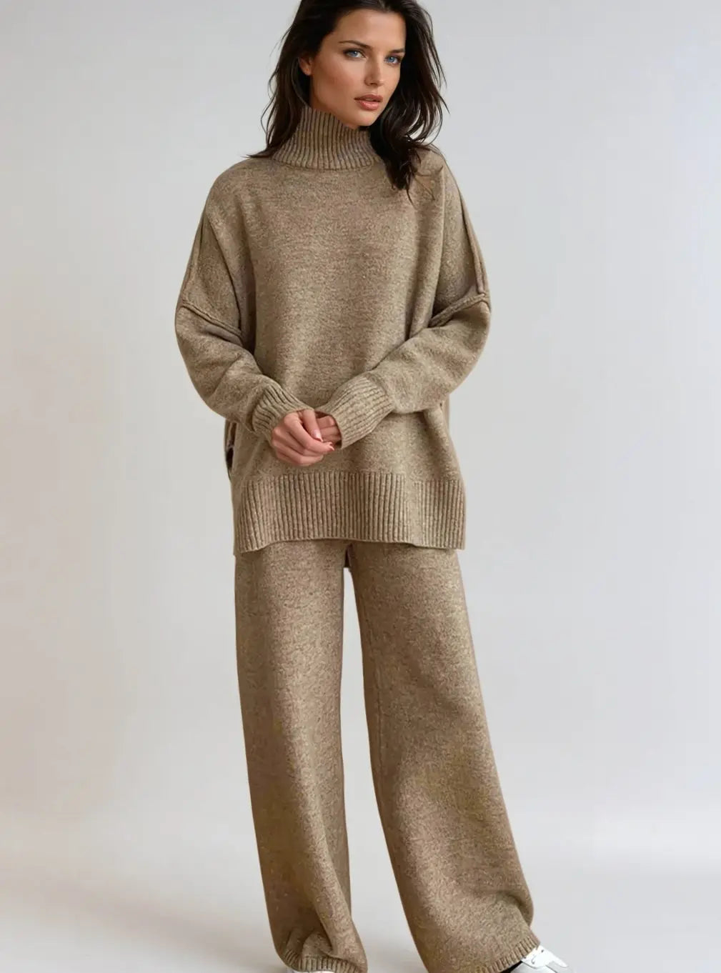 Conjunto de punto extragrande para estar en casa, cuello alto y pantalón de pierna ancha
